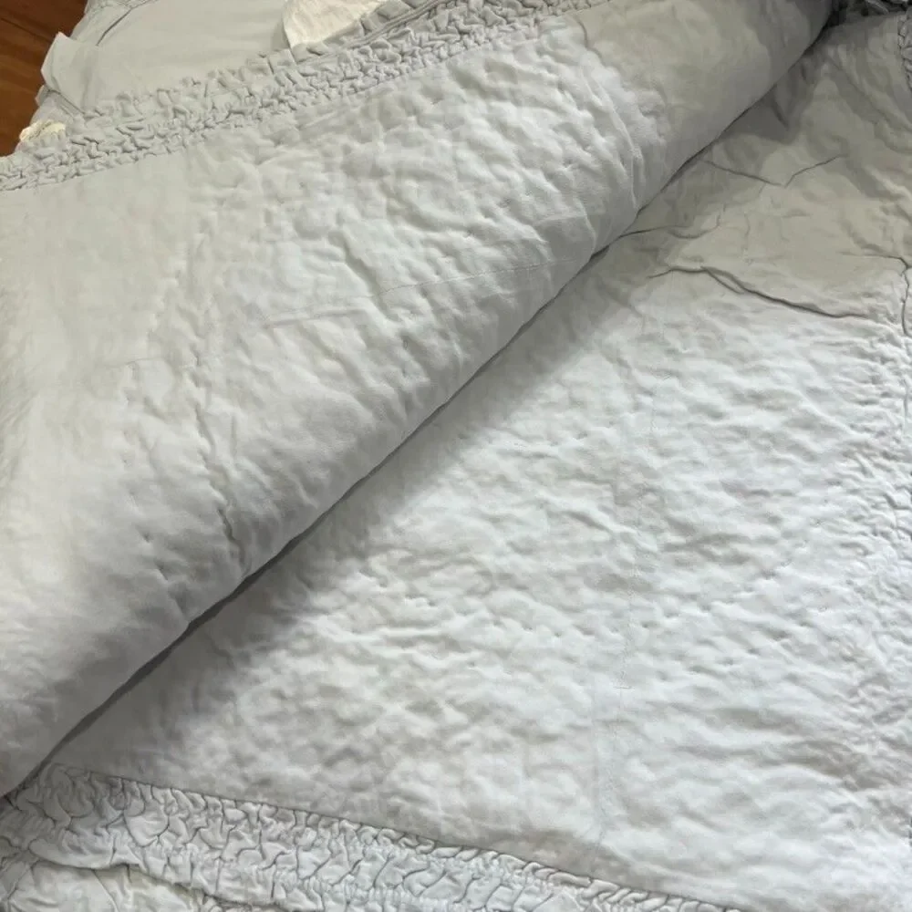 Anthropologie Rivulets Tufted Full Quilt Set Grey Ruched Ruffles